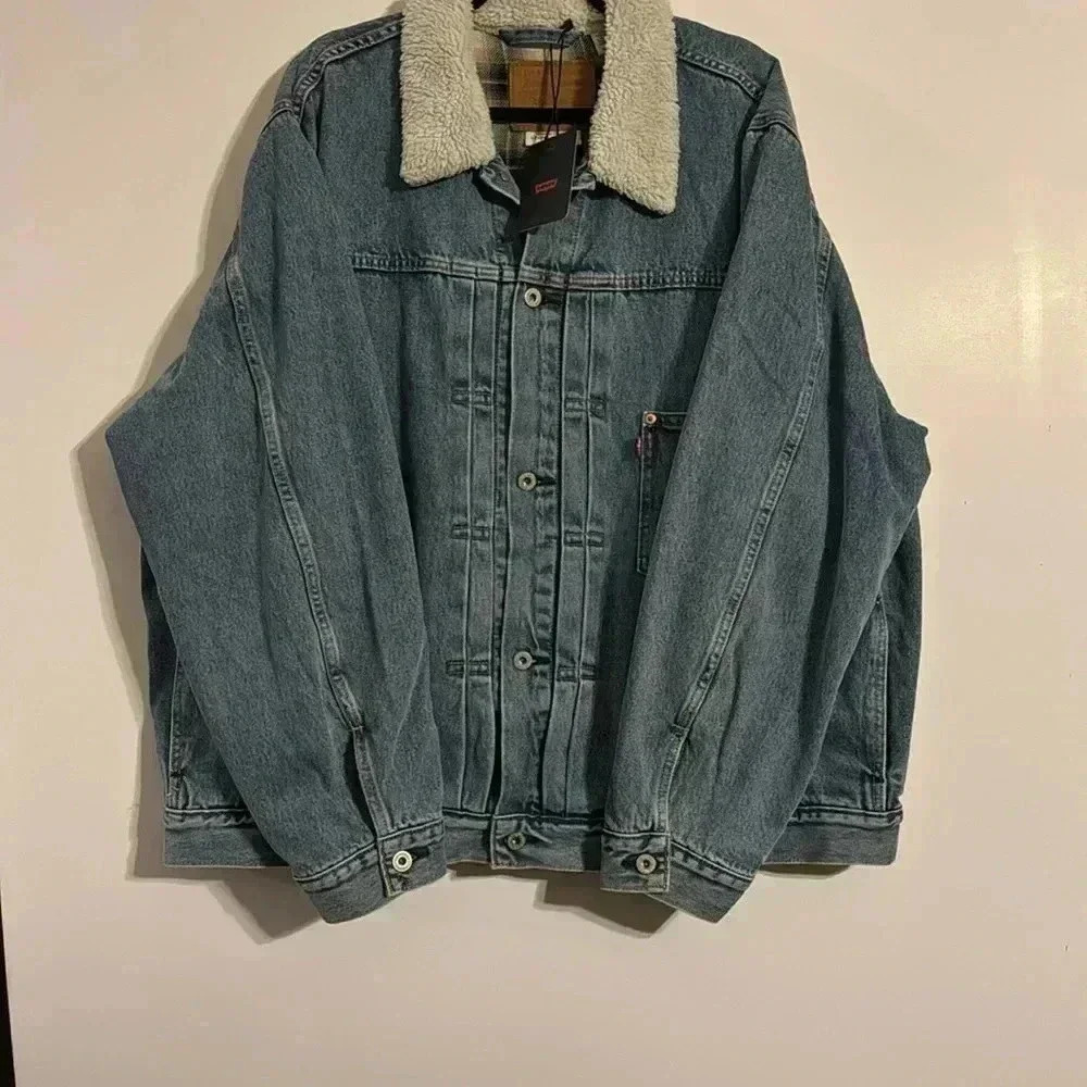 Levi Strauss denim jacket size XXL NWT SHEARLING COLLAR BLUE PLAID LINING WARM